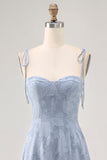 Dusty Blue A Line Spaghetti Straps Midi Bridesmaid Dress with Slit