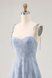 Dusty Blue A Line Spaghetti Straps Midi Bridesmaid Dress with Slit