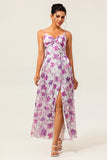 Purple Floral Printed A Line Spaghetti Straps Wedding Guest Dress