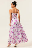 Purple Floral Printed A Line Spaghetti Straps Wedding Guest Dress