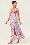 Purple Floral Printed A Line Spaghetti Straps Wedding Guest Dress