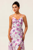 Purple Floral Printed A Line Spaghetti Straps Wedding Guest Dress