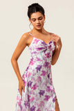 Purple Floral Printed A Line Spaghetti Straps Wedding Guest Dress