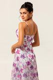 Purple Floral Printed A Line Spaghetti Straps Wedding Guest Dress