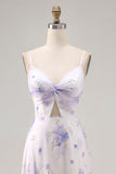 Lavender Flower Spaghetti Straps Long Bridesmaid Dress with Slit
