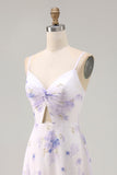 Lavender Flower Spaghetti Straps Long Bridesmaid Dress with Slit