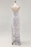 Blue Floral Ruffled Printed Sheath Asymmetrical Bridesmaid Dress