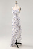 Blue Floral Ruffled Printed Sheath Asymmetrical Bridesmaid Dress
