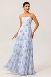 Strapless Blue Floral A Line Pleated Long Bridesmaid Dress