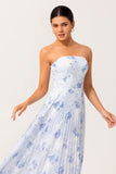 Strapless Blue Floral A Line Pleated Long Bridesmaid Dress