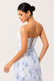 Strapless Blue Floral A Line Pleated Long Bridesmaid Dress