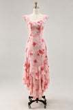Pink Flower Printed A Line Ruffled Long Bridesmaid Dress
