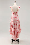 Pink Flower Printed A Line Ruffled Long Bridesmaid Dress