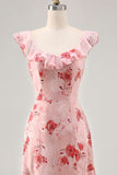 Pink Flower Printed A Line Ruffled Long Bridesmaid Dress