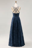 Navy Floral A Line Printed Long Bridesmaid Dress