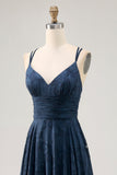 Navy Floral A Line Printed Long Bridesmaid Dress