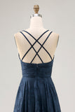 Navy Floral A Line Printed Long Bridesmaid Dress