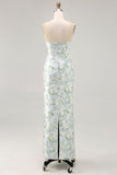 White Blue Flower Strapless Printed Sheath Long Bridesmaid Dress