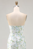 White Blue Flower Strapless Printed Sheath Long Bridesmaid Dress