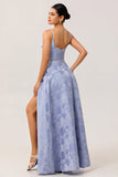 Blue A Line Spaghetti Straps Brocade Corset Prom Dress with Slit