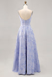 Blue A-Line Floral Corset Long Formal Dress with Slit