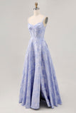Blue A-Line Floral Corset Long Formal Dress with Slit