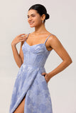 Blue A Line Spaghetti Straps Brocade Corset Prom Dress with Slit