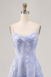 Blue A-Line Floral Corset Long Formal Dress with Slit