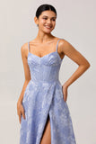 Blue A Line Spaghetti Straps Brocade Corset Prom Dress with Slit
