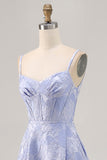Blue A-Line Floral Corset Long Formal Dress with Slit