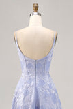 Blue A-Line Floral Corset Long Formal Dress with Slit
