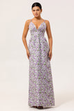Purple A Line Floral Printed Spaghetti Straps Wedding Guest Dress