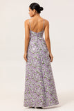 Purple A Line Floral Printed Spaghetti Straps Wedding Guest Dress
