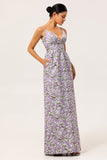 Purple A Line Floral Printed Spaghetti Straps Wedding Guest Dress