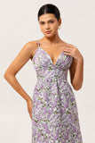 Purple A Line Floral Printed Spaghetti Straps Wedding Guest Dress