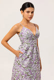 Purple A Line Floral Printed Spaghetti Straps Wedding Guest Dress