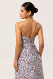Purple A Line Floral Printed Spaghetti Straps Wedding Guest Dress