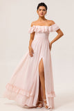 Off The Shoulder Ruffled Blush A Line Bridesmaid Dress with Slit