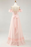 Off The Shoulder Blush Ruffled Corset Long Bridesmaid Dress with Slit