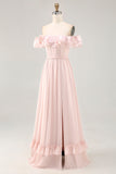 Off The Shoulder Blush Ruffled Corset Long Bridesmaid Dress with Slit
