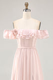 Off The Shoulder Blush Ruffled Corset Long Bridesmaid Dress with Slit