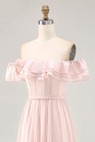 Off The Shoulder Blush Ruffled Corset Long Bridesmaid Dress with Slit
