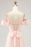 Off The Shoulder Blush Ruffled Corset Long Bridesmaid Dress with Slit