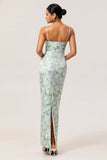 Blue White Floral Spaghetti Straps Printed Sheath Bridesmaid Dress