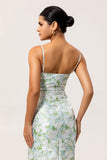 Blue White Floral Spaghetti Straps Printed Sheath Bridesmaid Dress
