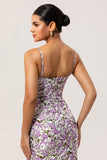 Purple Floral Sheath Printed Spaghetti Straps Long Bridesmaid Dress