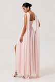 Blush A Line Ruched Strapless Chiffon Long Bridesmaid Dress with Slit