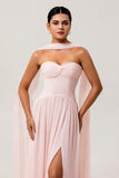 Blush A Line Ruched Strapless Chiffon Long Bridesmaid Dress with Slit