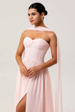 Blush A Line Ruched Strapless Chiffon Long Bridesmaid Dress with Slit