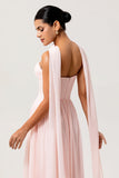 Blush A Line Ruched Strapless Chiffon Long Bridesmaid Dress with Slit